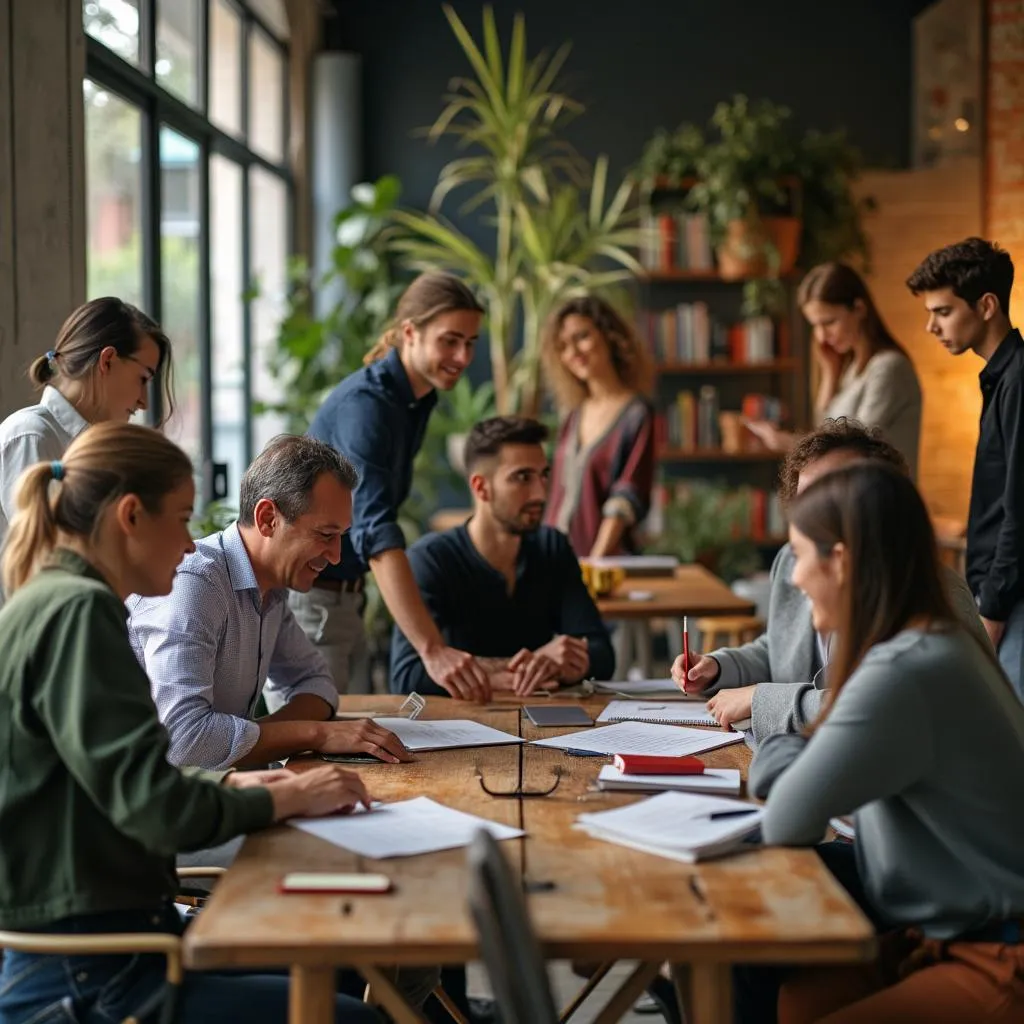 Profesores y estudiantes colaborando en un proyecto digital